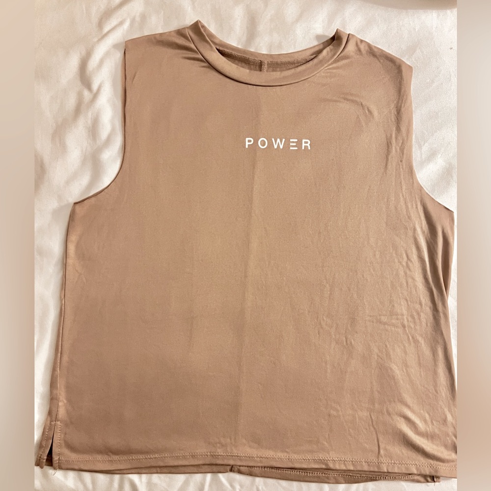 NWOT Taupe/Tan Lovers of Hyoumanity POWER Workout Muscle Tank Top/Tee, sz. Small